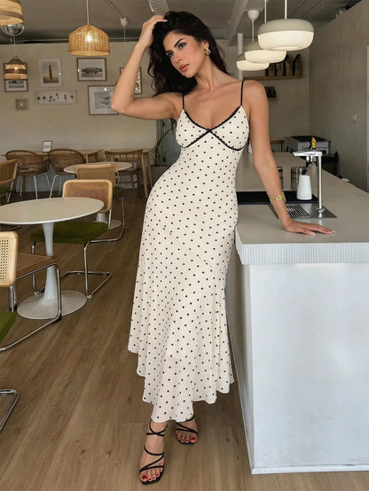 Firerie Women's New Vintage French Elegant Polka Dot Lace Patchwork Contrast Trim Slip Dress Summer Vacation Black White Polka Dot