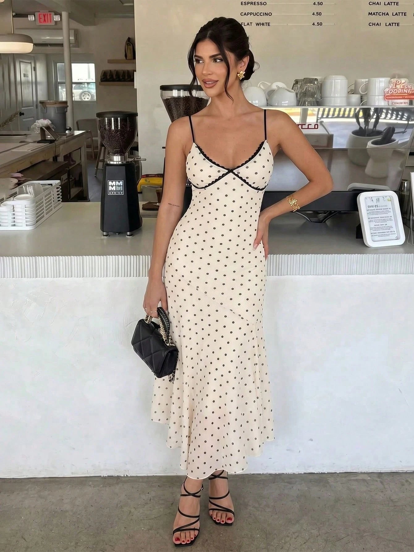 Firerie Women's New Vintage French Elegant Polka Dot Lace Patchwork Contrast Trim Slip Dress Summer Vacation Black White Polka Dot