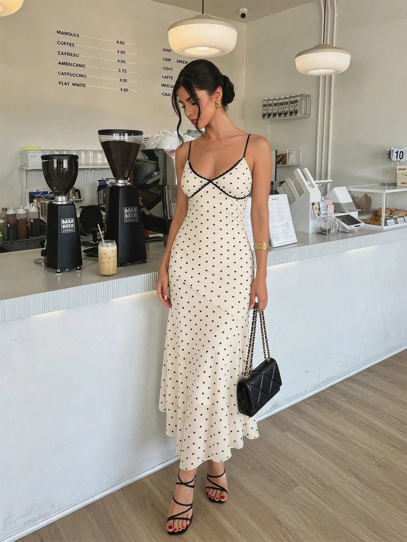 Firerie Women's New Vintage French Elegant Polka Dot Lace Patchwork Contrast Trim Slip Dress Summer Vacation Black White Polka Dot