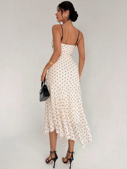 Firerie Women's New Vintage French Elegant Polka Dot Lace Patchwork Contrast Trim Slip Dress Summer Vacation Black White Polka Dot