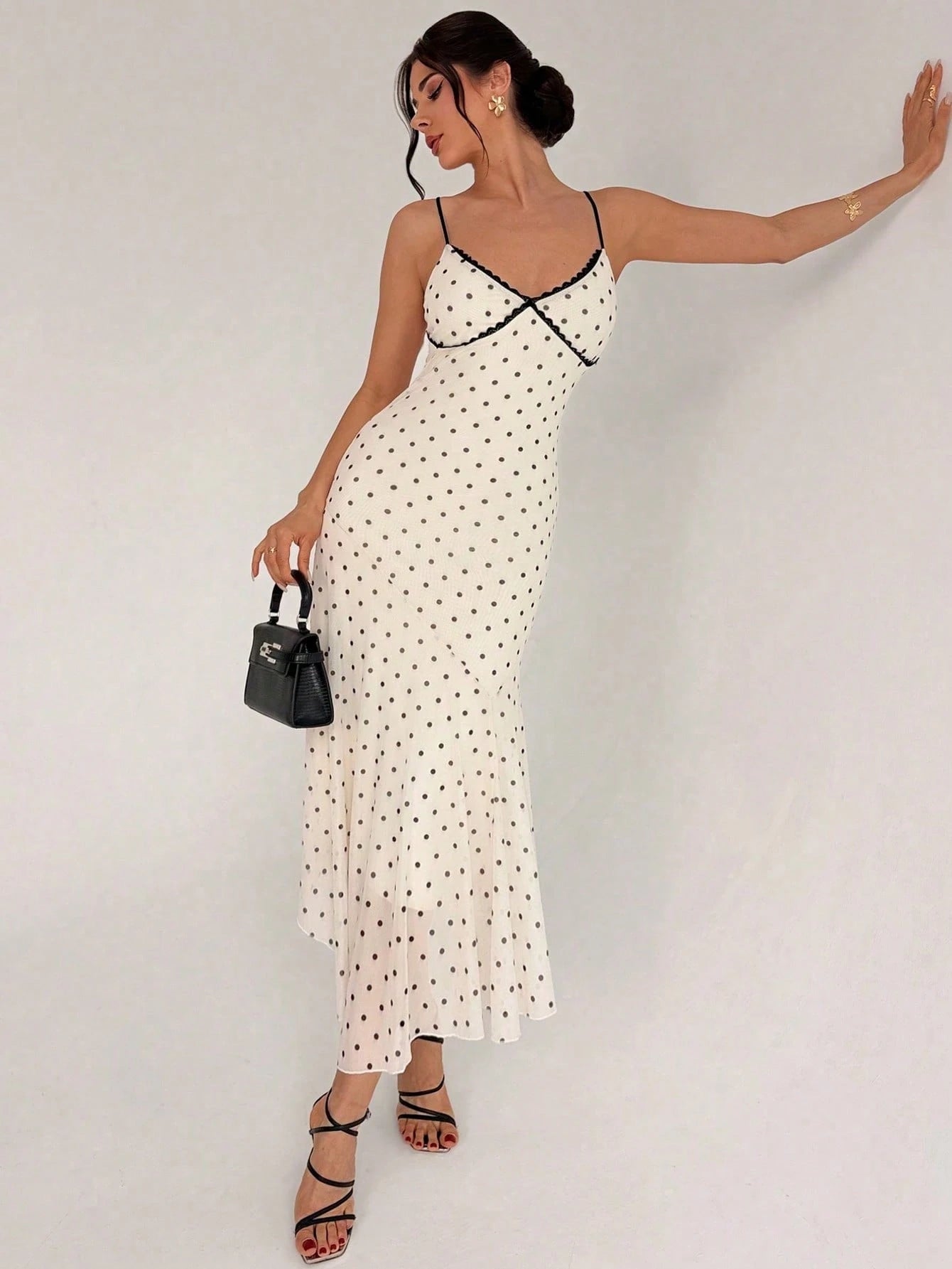 Firerie Women's New Vintage French Elegant Polka Dot Lace Patchwork Contrast Trim Slip Dress Summer Vacation Black White Polka Dot