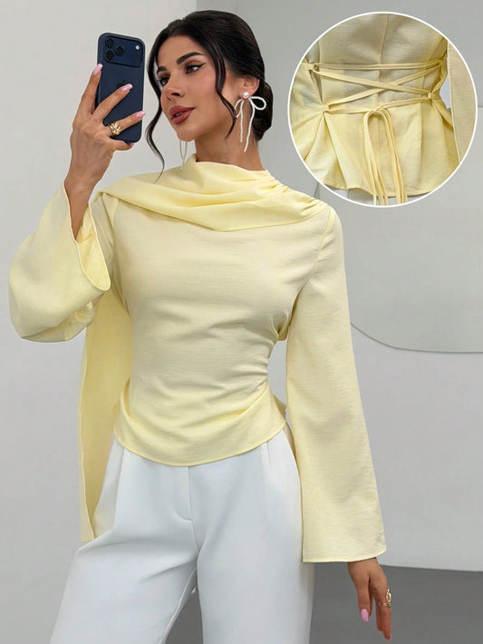 Firerie Women's Summer Elegant Pale Yellow Top,Party Shawl Collar Blouse Shirt,Back-Cinching Waist Tie Bell Sleeve Flattering Silhouette Office Work