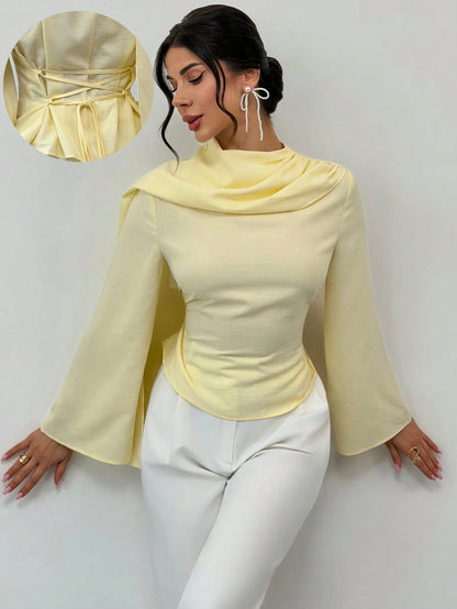 Firerie Women's Summer Elegant Pale Yellow Top,Party Shawl Collar Blouse Shirt,Back-Cinching Waist Tie Bell Sleeve Flattering Silhouette Office Work