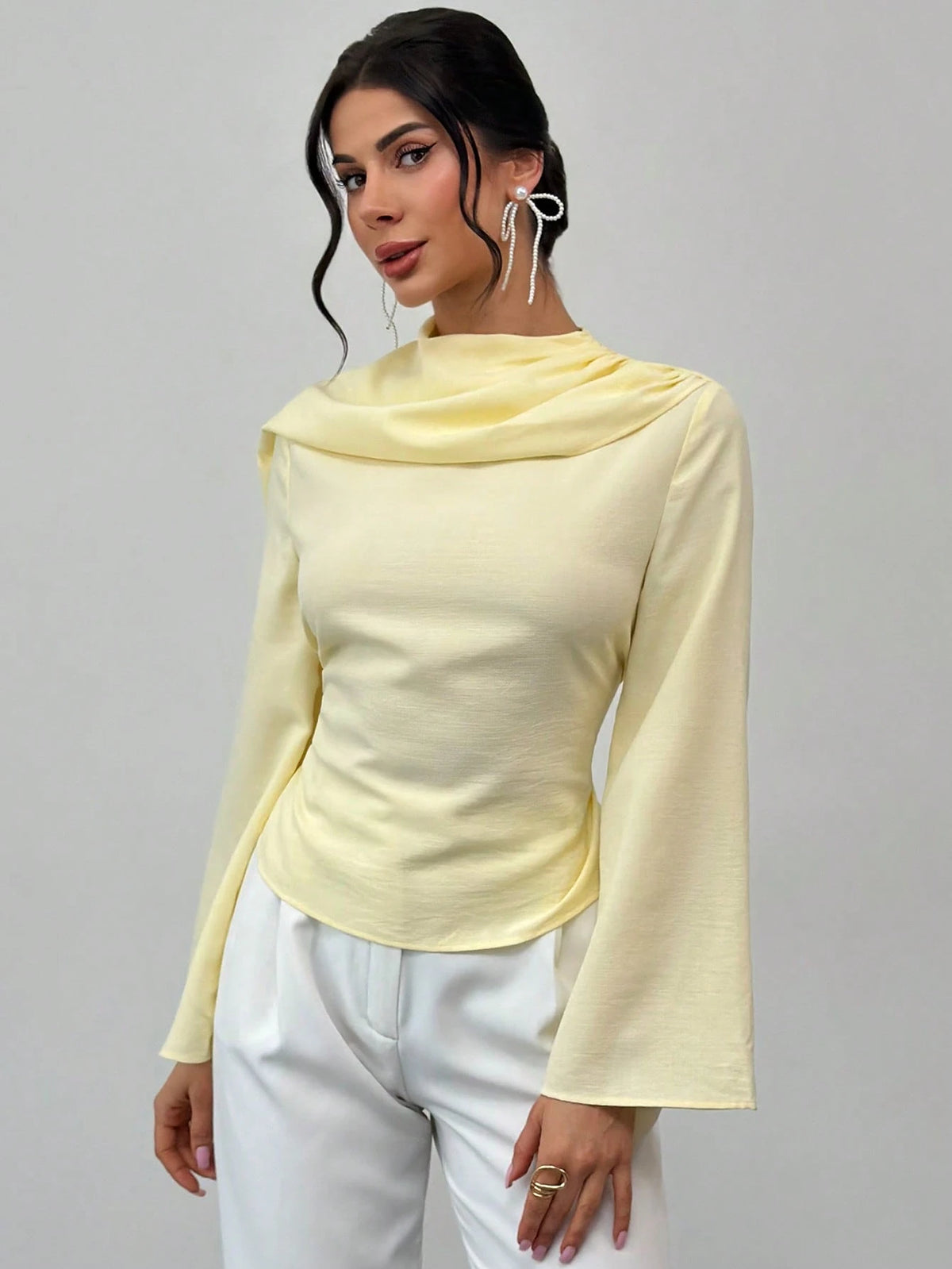 Firerie Women's Summer Elegant Pale Yellow Top,Party Shawl Collar Blouse Shirt,Back-Cinching Waist Tie Bell Sleeve Flattering Silhouette Office Work