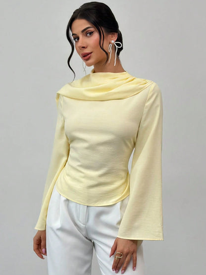 Firerie Women's Summer Elegant Pale Yellow Top,Party Shawl Collar Blouse Shirt,Back-Cinching Waist Tie Bell Sleeve Flattering Silhouette Office Work