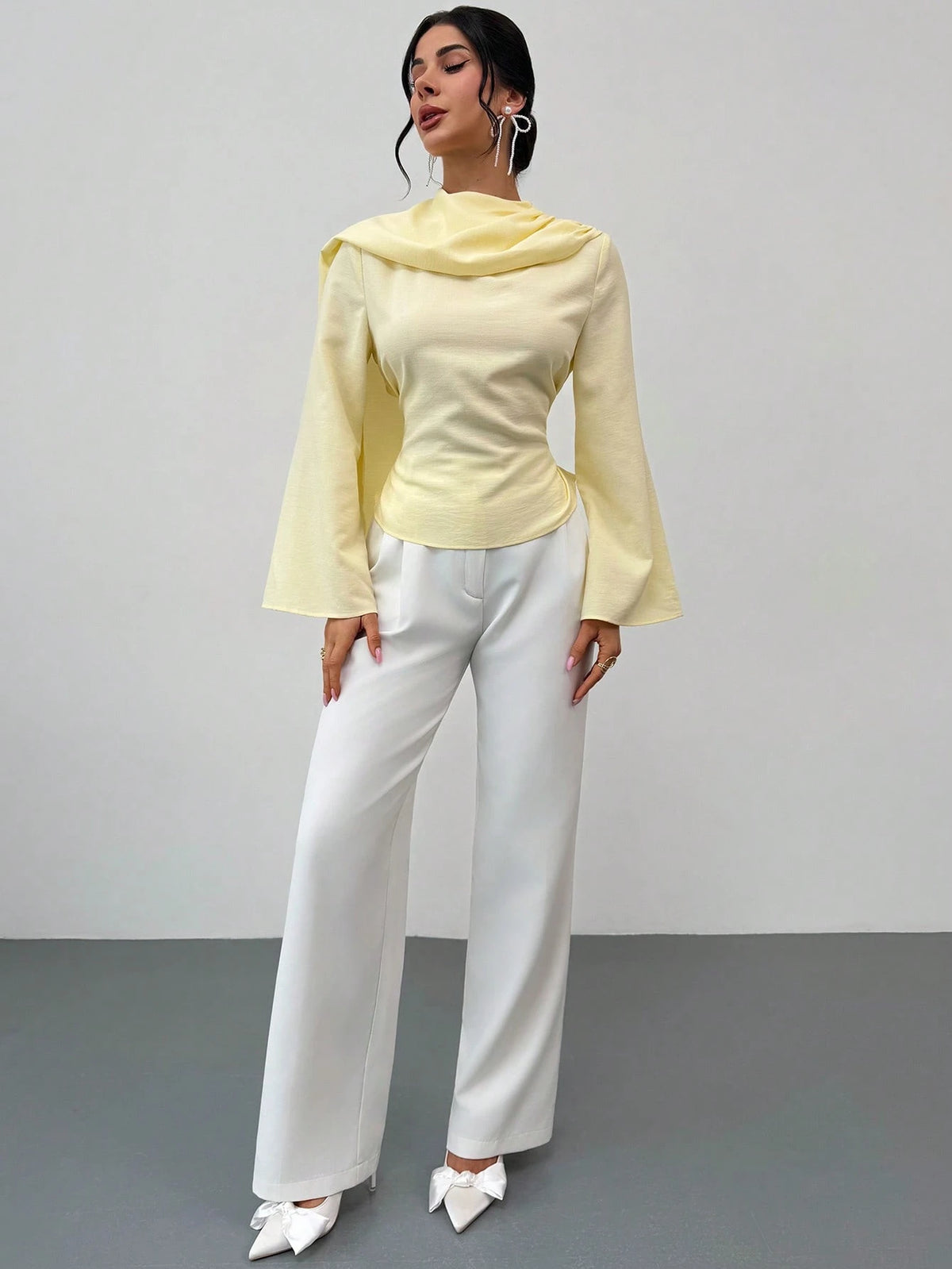 Firerie Women's Summer Elegant Pale Yellow Top,Party Shawl Collar Blouse Shirt,Back-Cinching Waist Tie Bell Sleeve Flattering Silhouette Office Work