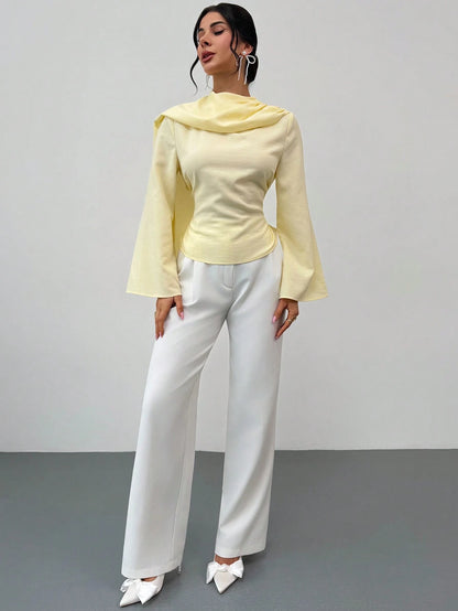 Firerie Women's Summer Elegant Pale Yellow Top,Party Shawl Collar Blouse Shirt,Back-Cinching Waist Tie Bell Sleeve Flattering Silhouette Office Work