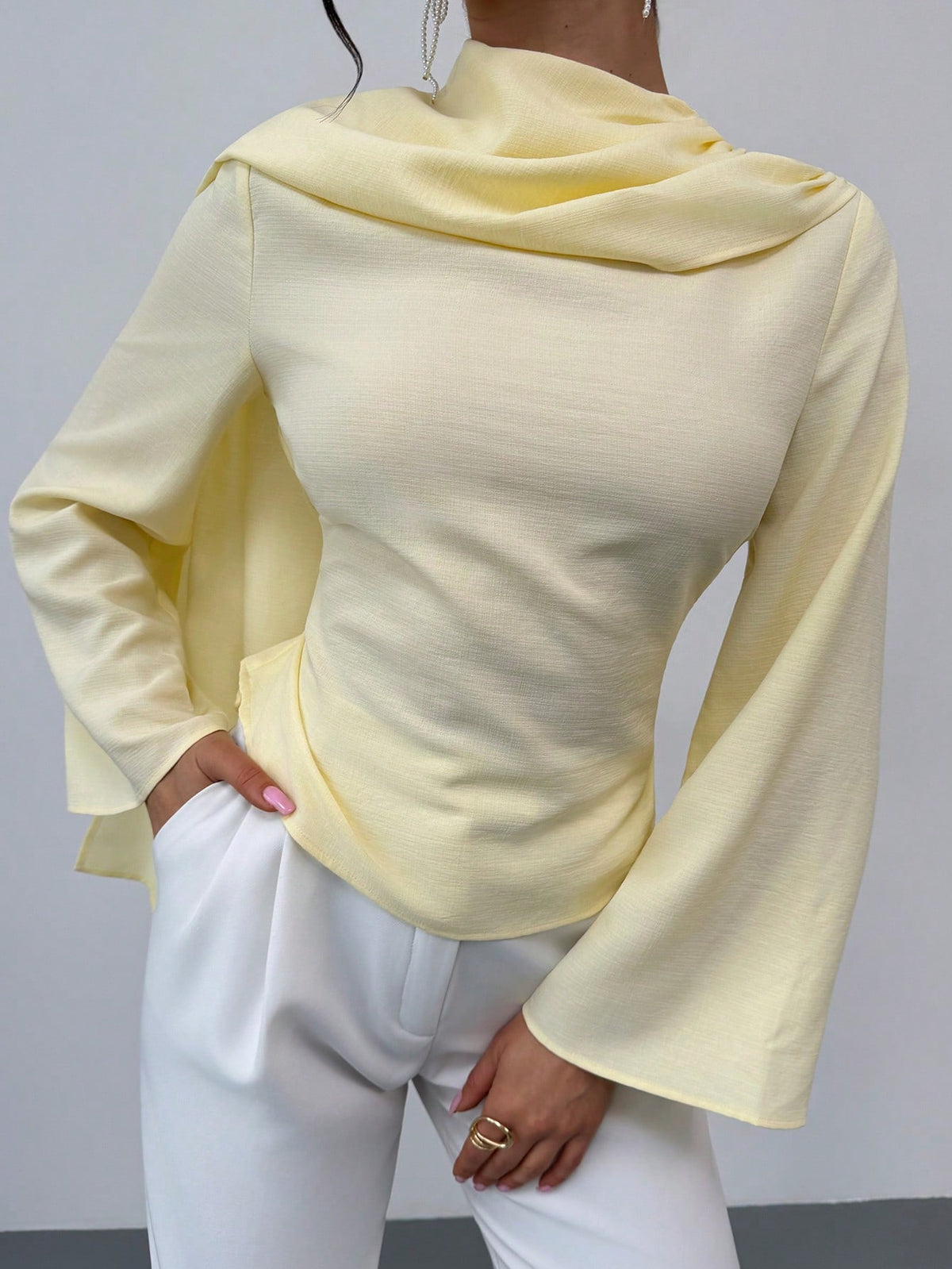 Firerie Women's Summer Elegant Pale Yellow Top,Party Shawl Collar Blouse Shirt,Back-Cinching Waist Tie Bell Sleeve Flattering Silhouette Office Work