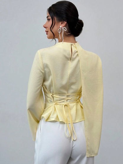 Firerie Women's Summer Elegant Pale Yellow Top,Party Shawl Collar Blouse Shirt,Back-Cinching Waist Tie Bell Sleeve Flattering Silhouette Office Work