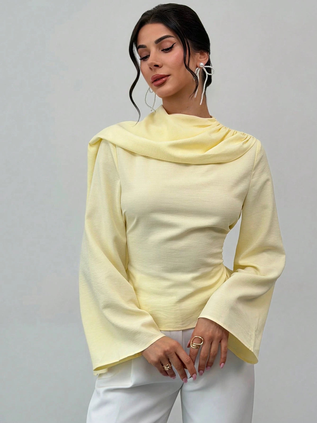 Firerie Women's Summer Elegant Pale Yellow Top,Party Shawl Collar Blouse Shirt,Back-Cinching Waist Tie Bell Sleeve Flattering Silhouette Office Work