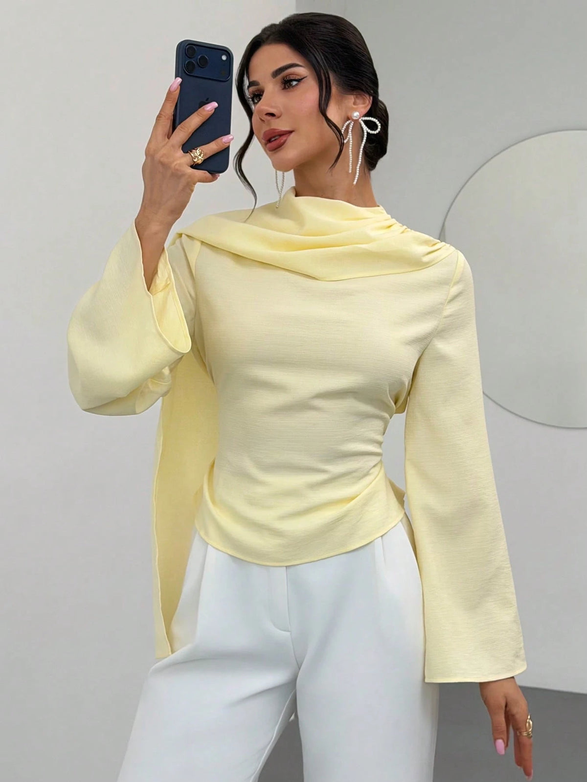 Firerie Women's Summer Elegant Pale Yellow Top,Party Shawl Collar Blouse Shirt,Back-Cinching Waist Tie Bell Sleeve Flattering Silhouette Office Work