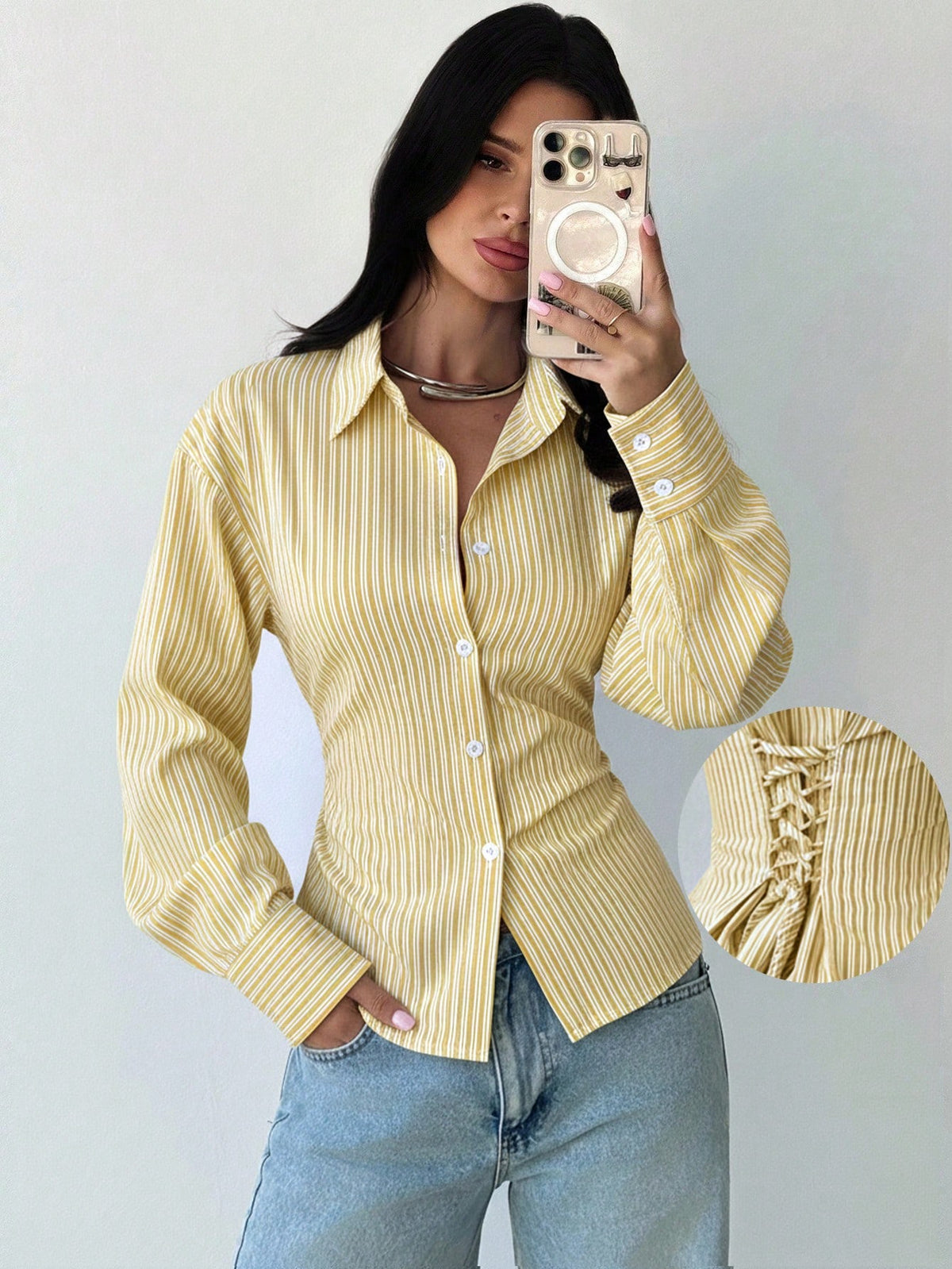 Firerie Women's White And Yellow Striped Long Sleeve Shirt,Tie-Waist Cinched Waist Casual Commuter Shirt,Office Smart Casual Elegant Work Attire For Autumn