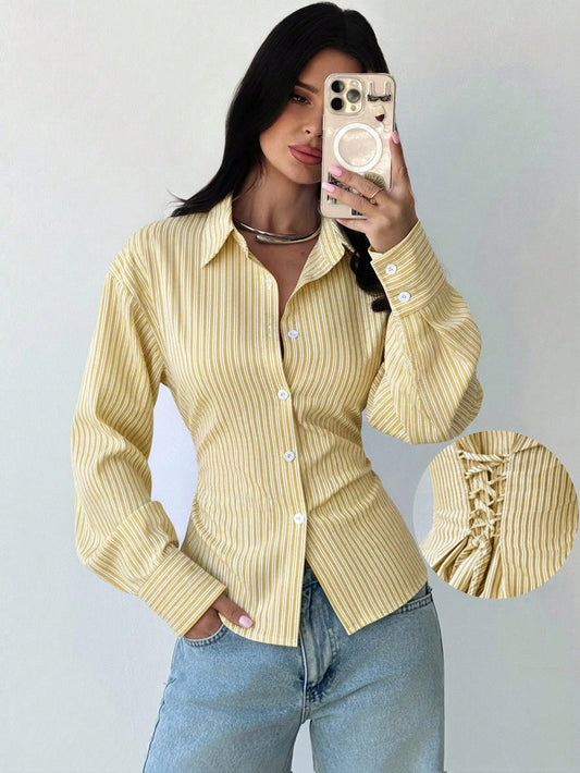 Firerie Women's White And Yellow Striped Long Sleeve Shirt,Tie-Waist Cinched Waist Casual Commuter Shirt,Office Smart Casual Elegant Work Attire For Autumn