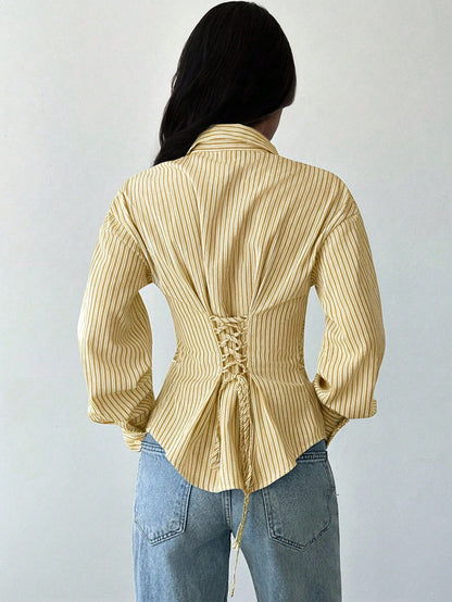 Firerie Women's White And Yellow Striped Long Sleeve Shirt,Tie-Waist Cinched Waist Casual Commuter Shirt,Office Smart Casual Elegant Work Attire For Autumn