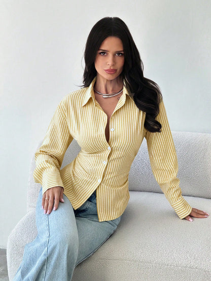 Firerie Women's White And Yellow Striped Long Sleeve Shirt,Tie-Waist Cinched Waist Casual Commuter Shirt,Office Smart Casual Elegant Work Attire For Autumn