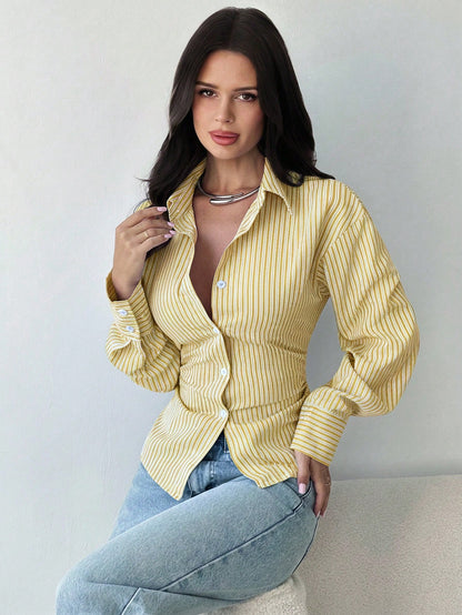 Firerie Women's White And Yellow Striped Long Sleeve Shirt,Tie-Waist Cinched Waist Casual Commuter Shirt,Office Smart Casual Elegant Work Attire For Autumn