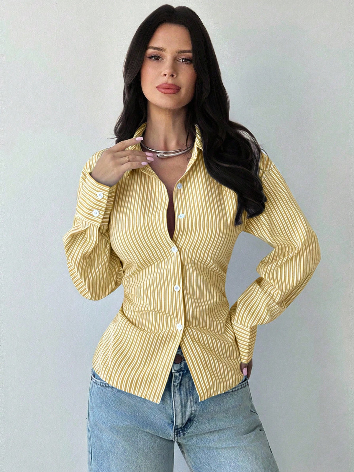 Firerie Women's White And Yellow Striped Long Sleeve Shirt,Tie-Waist Cinched Waist Casual Commuter Shirt,Office Smart Casual Elegant Work Attire For Autumn