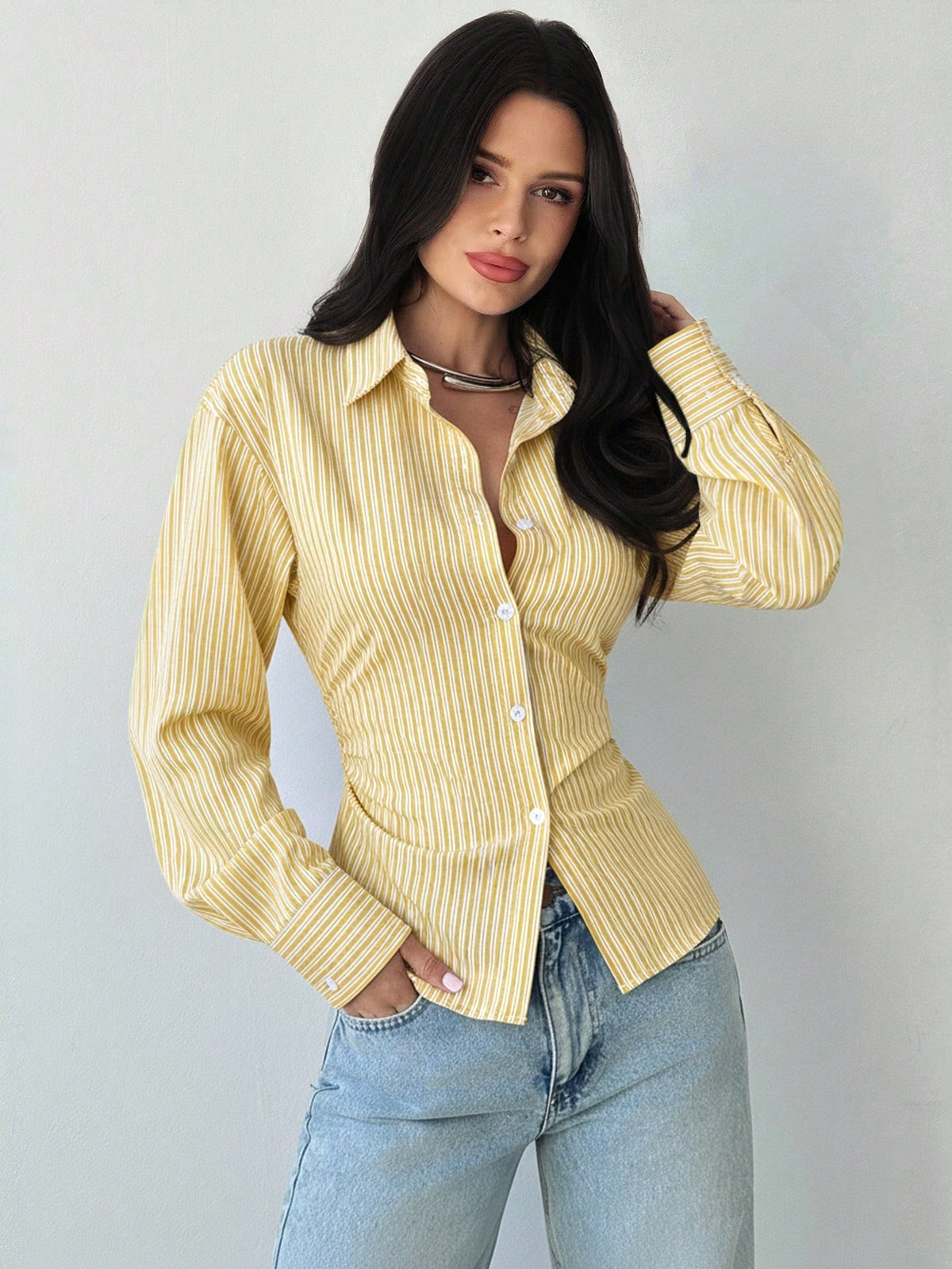 Firerie Women's White And Yellow Striped Long Sleeve Shirt,Tie-Waist Cinched Waist Casual Commuter Shirt,Office Smart Casual Elegant Work Attire For Autumn