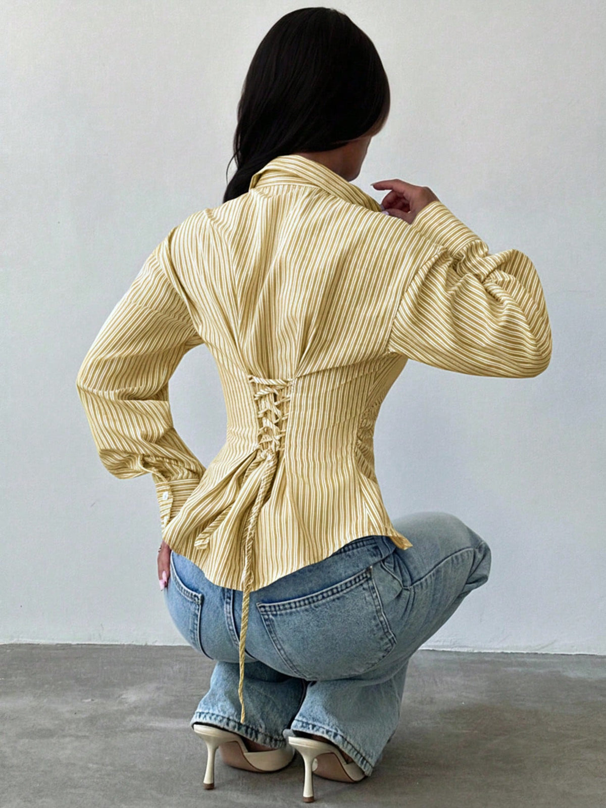 Firerie Women's White And Yellow Striped Long Sleeve Shirt,Tie-Waist Cinched Waist Casual Commuter Shirt,Office Smart Casual Elegant Work Attire For Autumn