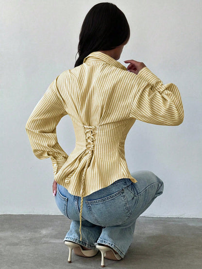 Firerie Women's White And Yellow Striped Long Sleeve Shirt,Tie-Waist Cinched Waist Casual Commuter Shirt,Office Smart Casual Elegant Work Attire For Autumn