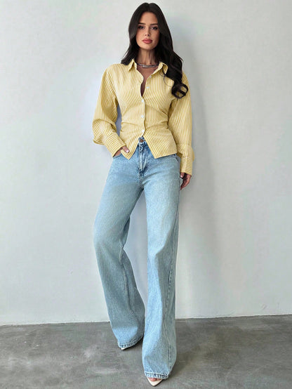 Firerie Women's White And Yellow Striped Long Sleeve Shirt,Tie-Waist Cinched Waist Casual Commuter Shirt,Office Smart Casual Elegant Work Attire For Autumn