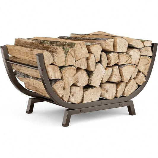Firewood Rack- 25 Inch Outdoor Indoor Metal Firewood Holder With Thickened Trapezoid Base-Double Coated Waterproof Rustproof Fireplace Firewood Stand, Bronze