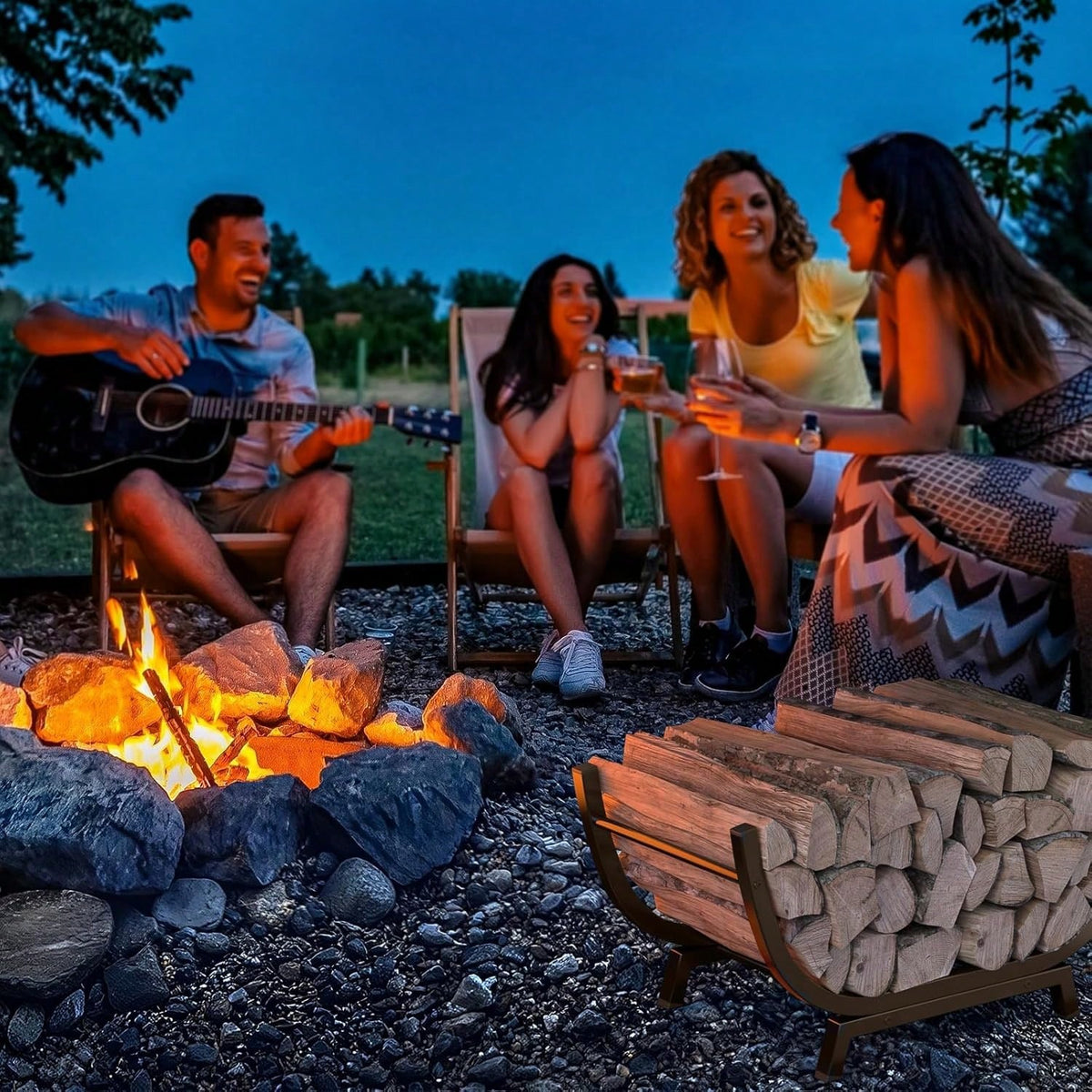 Firewood Rack- 25 Inch Outdoor Indoor Metal Firewood Holder With Thickened Trapezoid Base-Double Coated Waterproof Rustproof Fireplace Firewood Stand, Bronze