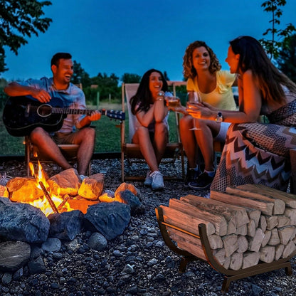 Firewood Rack- 25 Inch Outdoor Indoor Metal Firewood Holder With Thickened Trapezoid Base-Double Coated Waterproof Rustproof Fireplace Firewood Stand, Bronze