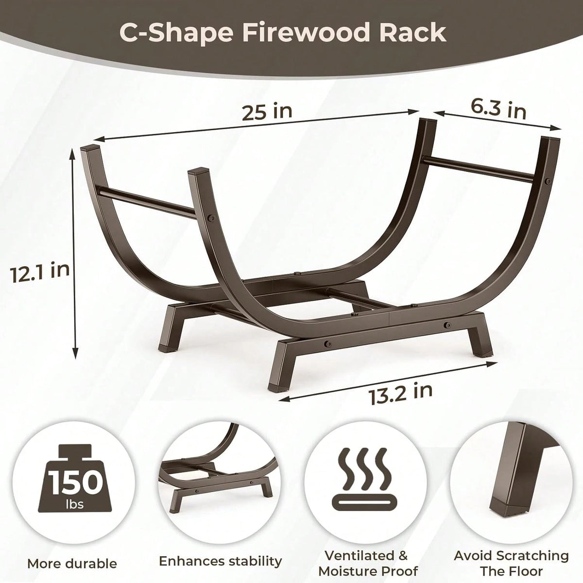 Firewood Rack- 25 Inch Outdoor Indoor Metal Firewood Holder With Thickened Trapezoid Base-Double Coated Waterproof Rustproof Fireplace Firewood Stand, Bronze