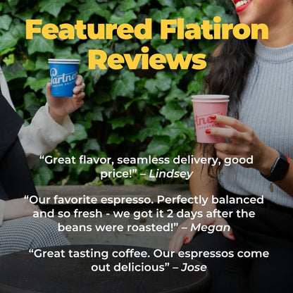 Two people hold coffee cups outdoors with a leafy background and the flatiron reviews title