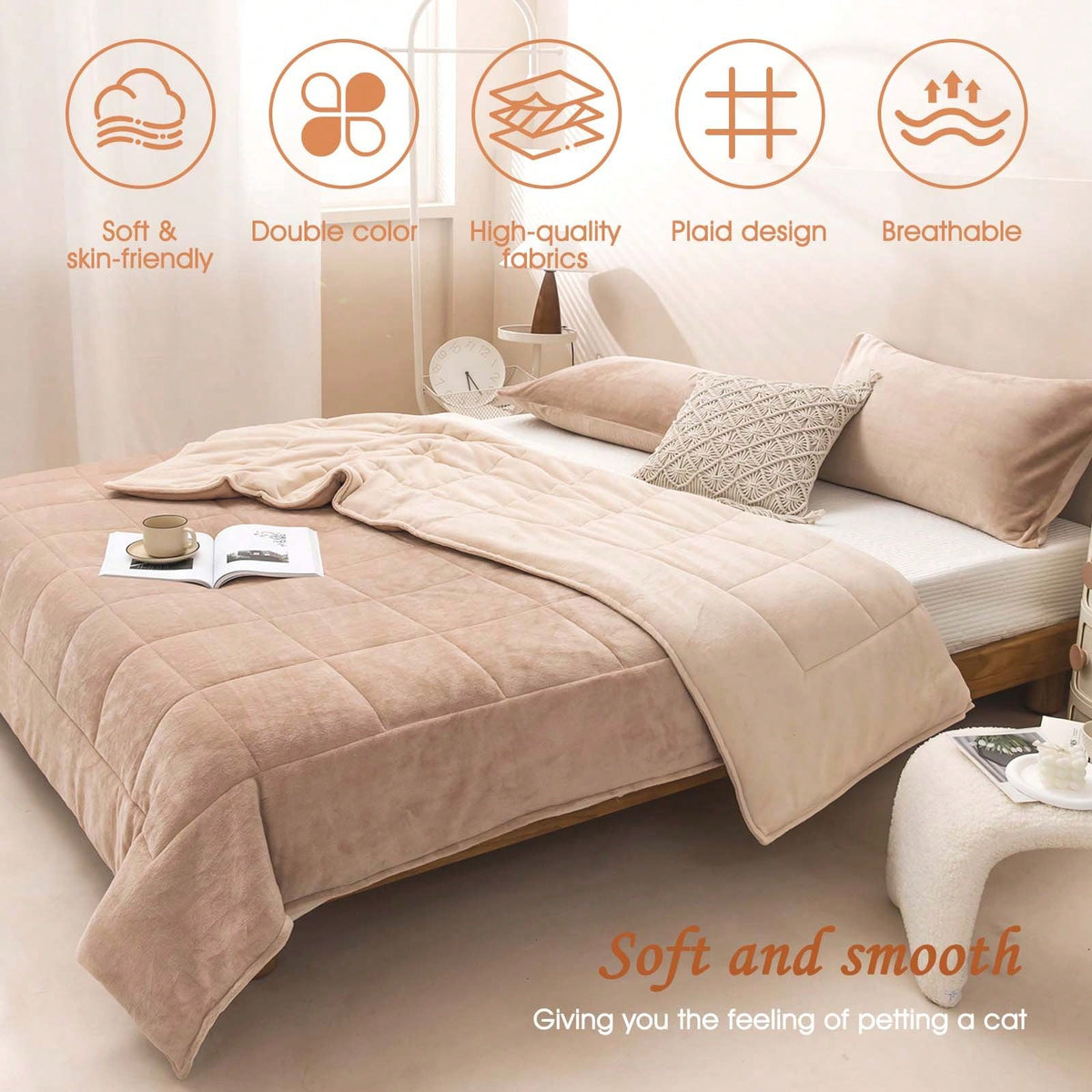 Fleece Quilted Comforter, 3-Layer Thick Flannel Blanket With Plush Bread Grid Texture, Double-Sided Cozy Warm Winter Bedding, Soft Plush Throw For Bed, Couch, Sofa, Living Room, Or Bedroom Decoration