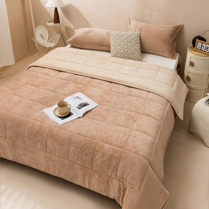 Fleece Quilted Comforter, 3-Layer Thick Flannel Blanket With Plush Bread Grid Texture, Double-Sided Cozy Warm Winter Bedding, Soft Plush Throw For Bed, Couch, Sofa, Living Room, Or Bedroom Decoration