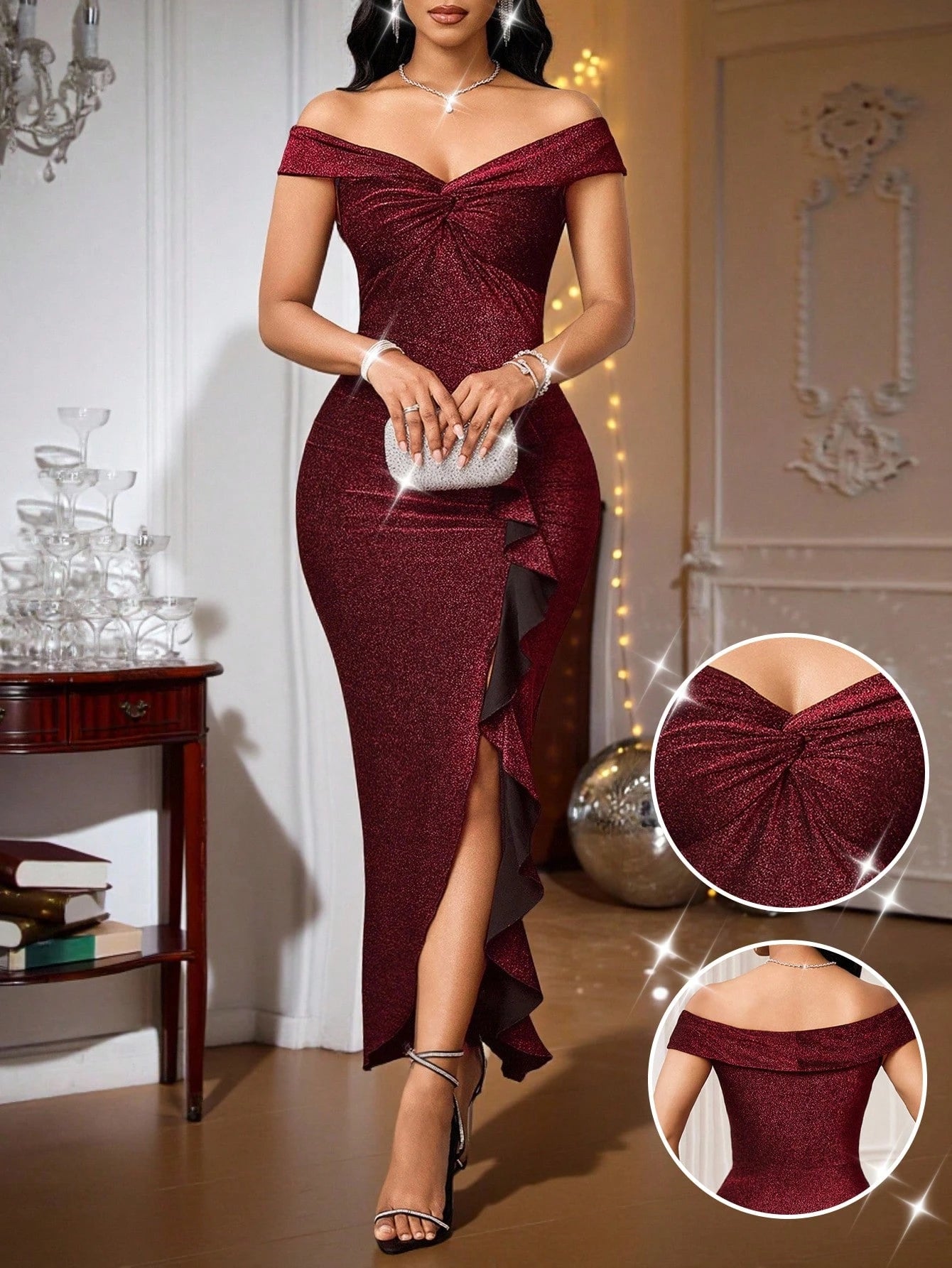 Fleurora Burgundy Slim Dress With High Slit Ruffles And Twisted Knot, Slimming And Shiny Fabric, Suitable For Elegant Sexy Parties Dinner Wedding Summer Night