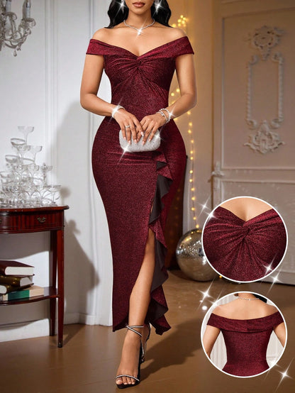 Fleurora Burgundy Slim Dress With High Slit Ruffles And Twisted Knot, Slimming And Shiny Fabric, Suitable For Elegant Sexy Parties Dinner Wedding Summer Night