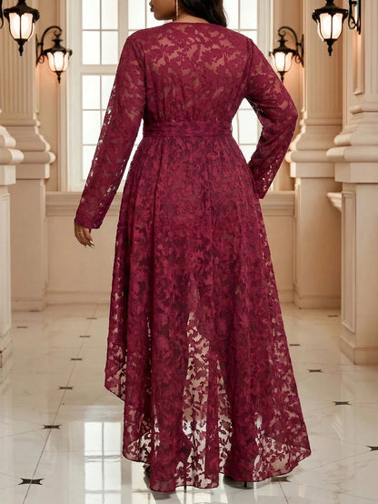 Fleurora Plus Size Women's Elegant Floral Belted Asymmetrical Hem Blouse Peplum Top Burgundy Country Concert Beach Evening Formal Autumn Fall
