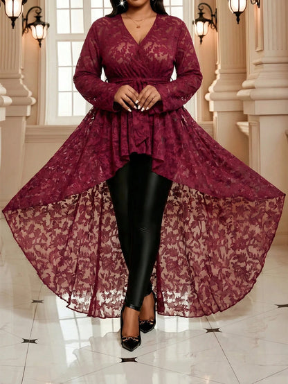 Fleurora Plus Size Women's Elegant Floral Belted Asymmetrical Hem Blouse Peplum Top Burgundy Country Concert Beach Evening Formal Autumn Fall