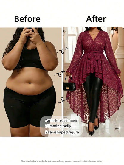 Fleurora Plus Size Women's Elegant Floral Belted Asymmetrical Hem Blouse Peplum Top Burgundy Country Concert Beach Evening Formal Autumn Fall