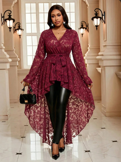 Fleurora Plus Size Women's Elegant Floral Belted Asymmetrical Hem Blouse Peplum Top Burgundy Country Concert Beach Evening Formal Autumn Fall