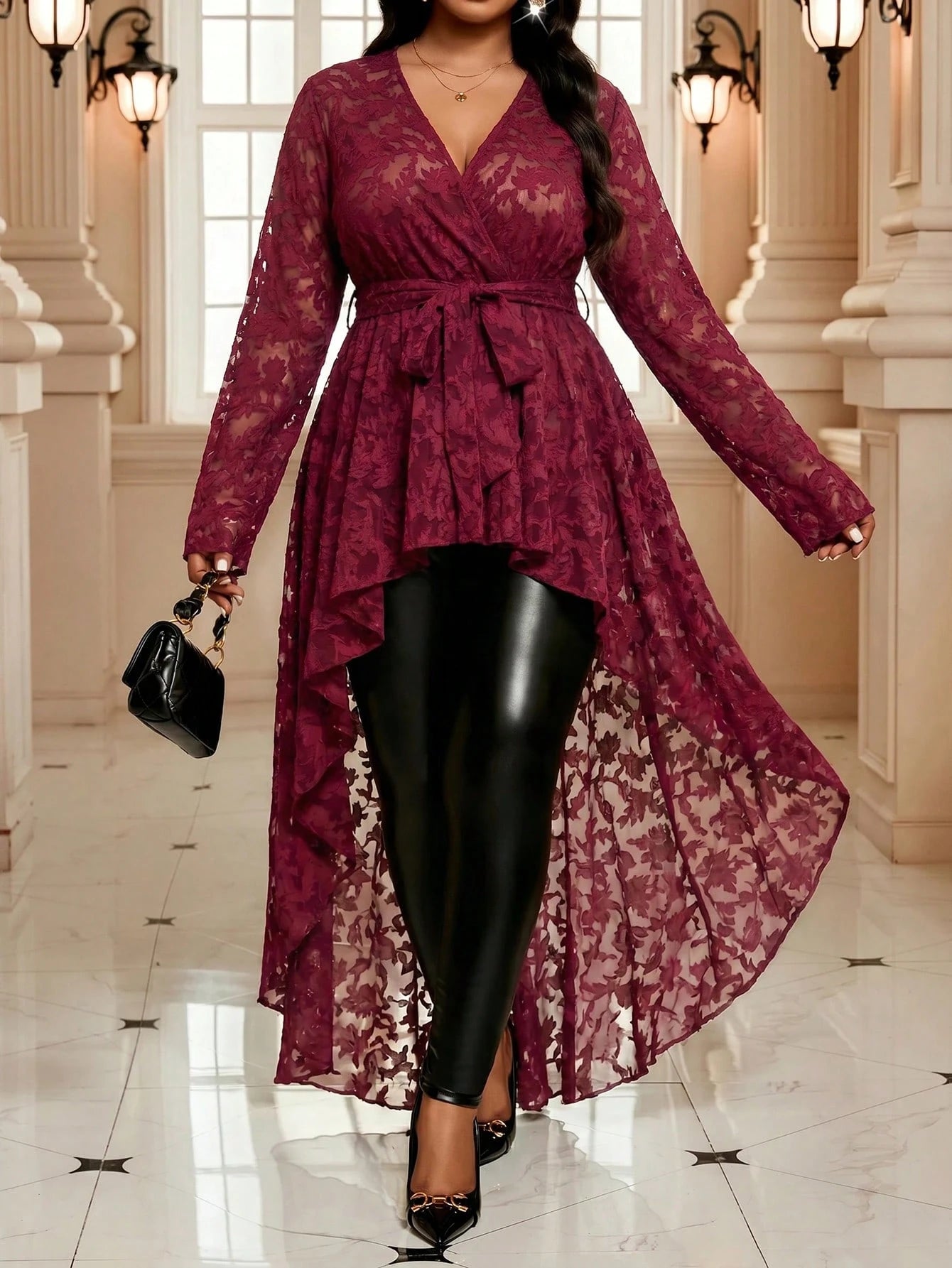 Fleurora Plus Size Women's Elegant Floral Belted Asymmetrical Hem Blouse Peplum Top Burgundy Country Concert Beach Evening Formal Autumn Fall