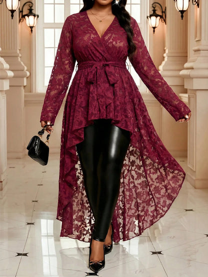 Fleurora Plus Size Women's Elegant Floral Belted Asymmetrical Hem Blouse Peplum Top Burgundy Country Concert Beach Evening Formal Autumn Fall