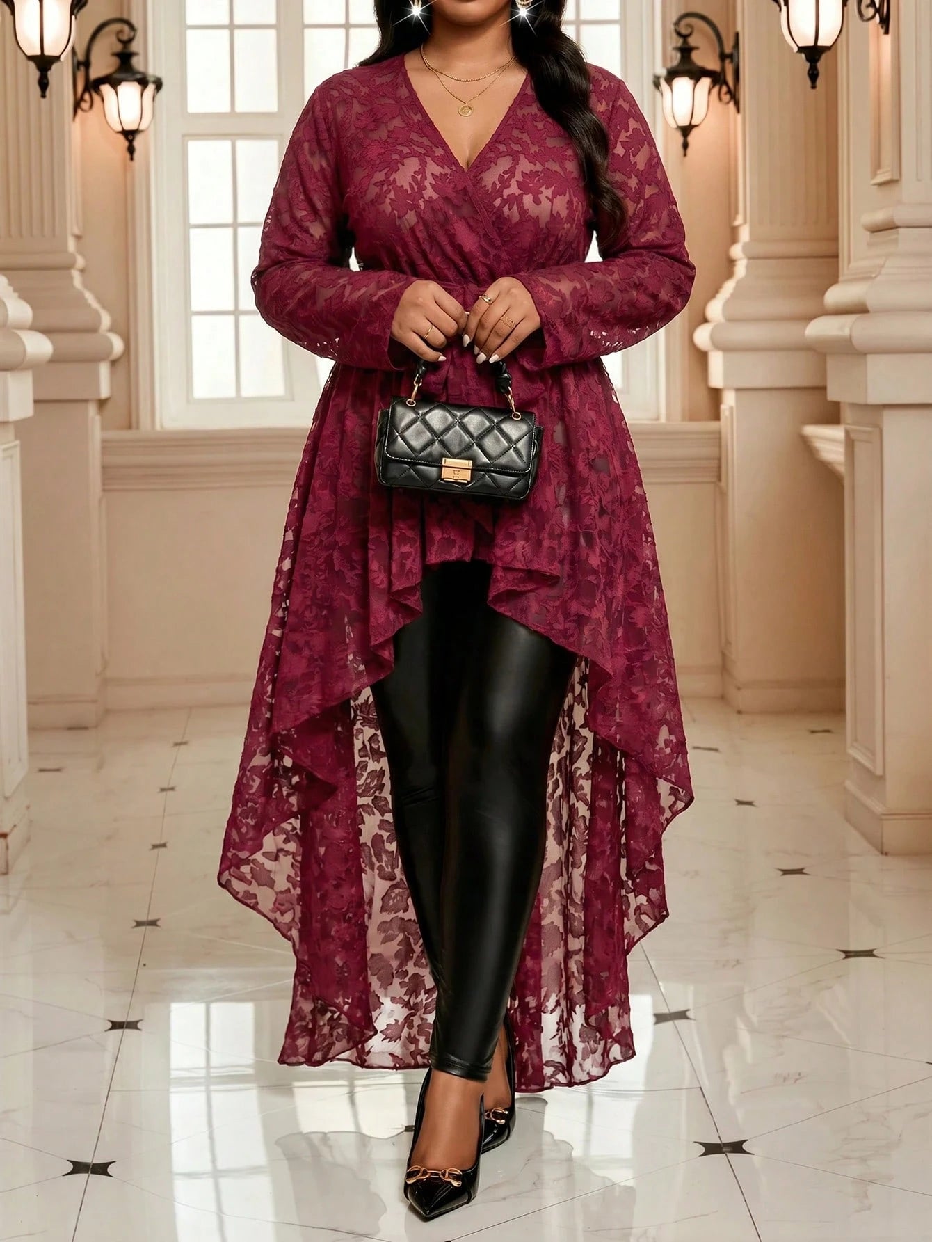 Fleurora Plus Size Women's Elegant Floral Belted Asymmetrical Hem Blouse Peplum Top Burgundy Country Concert Beach Evening Formal Autumn Fall