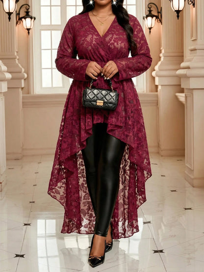 Fleurora Plus Size Women's Elegant Floral Belted Asymmetrical Hem Blouse Peplum Top Burgundy Country Concert Beach Evening Formal Autumn Fall