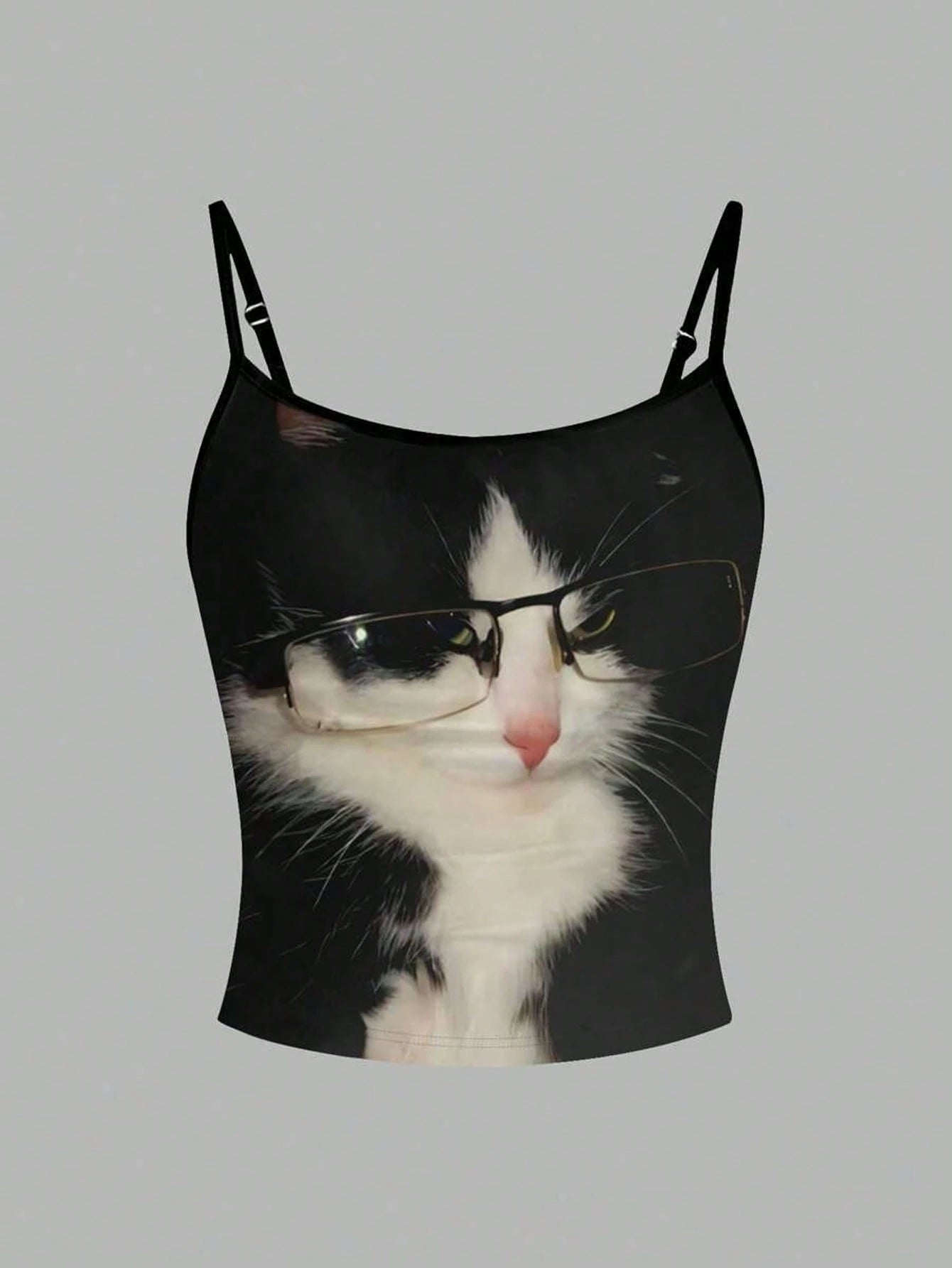 Flirla Black White Cat With Glasses Cute Quirky Printed Women's Camisole Shirt