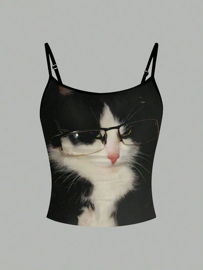 Flirla Black White Cat With Glasses Cute Quirky Printed Women's Camisole Shirt