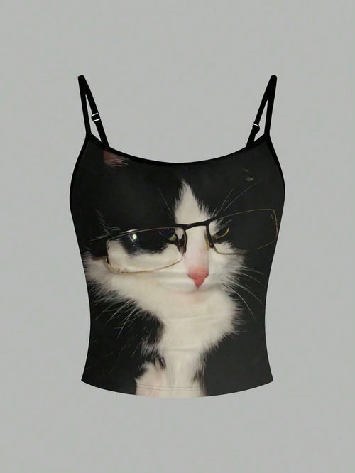 Flirla Black White Cat With Glasses Cute Quirky Printed Women's Camisole Shirt