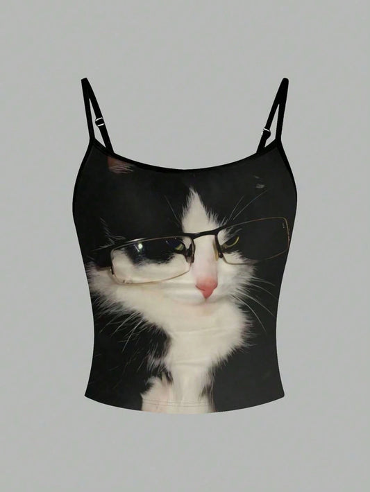 Flirla Black White Cat With Glasses Cute Quirky Printed Women's Camisole Shirt