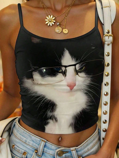 Flirla Black White Cat With Glasses Cute Quirky Printed Women's Camisole Shirt