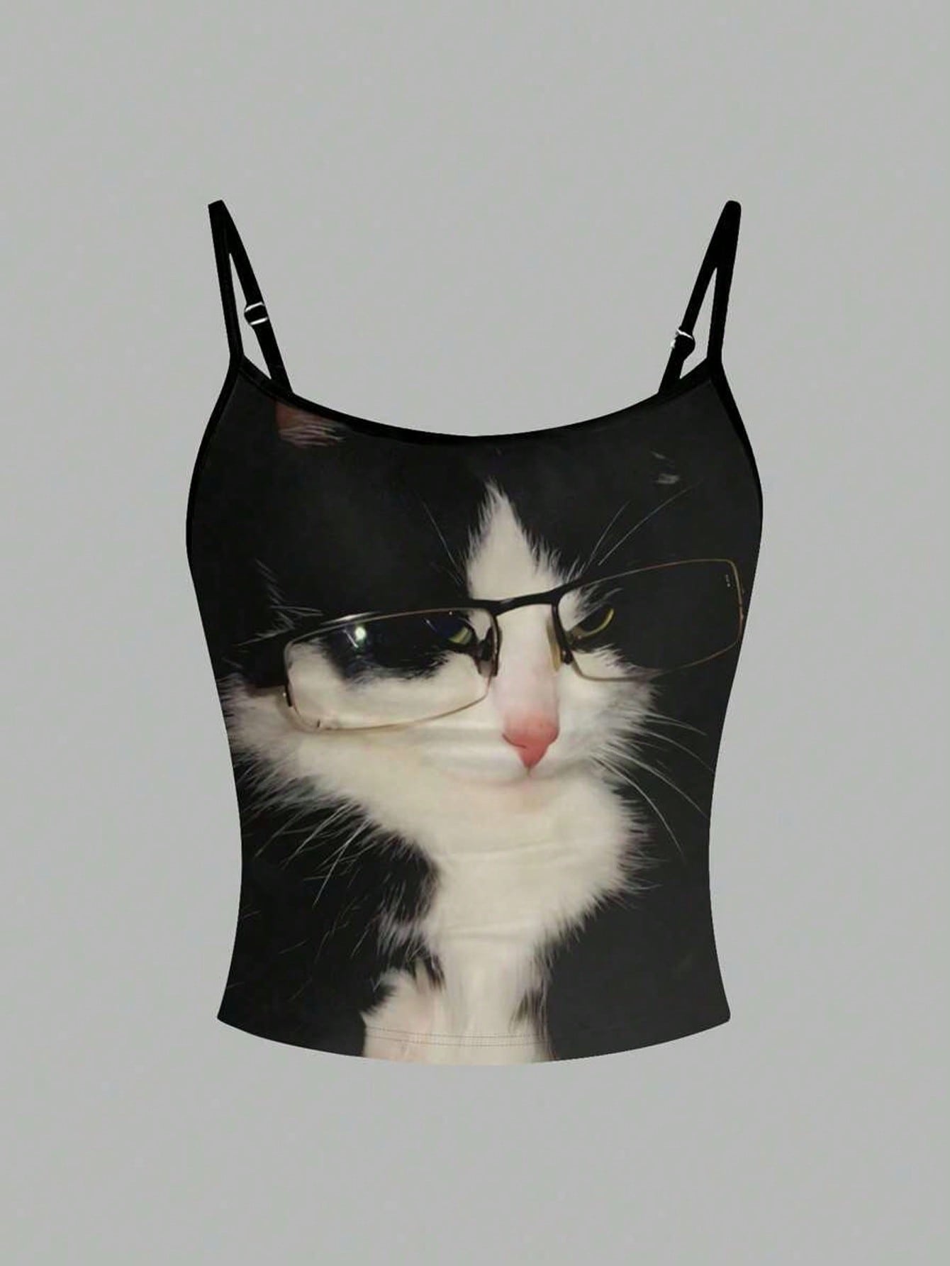 Flirla Black White Cat With Glasses Cute Quirky Printed Women's Camisole Shirt