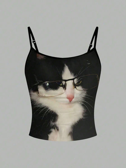 Flirla Black White Cat With Glasses Cute Quirky Printed Women's Camisole Shirt