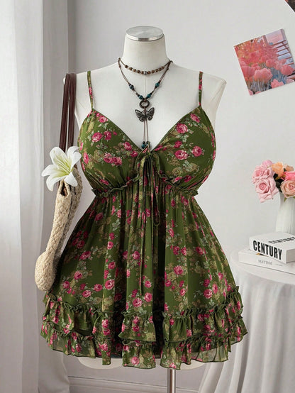 Flirla Plus Size Women Casual Floral Print Chiffon Camisole